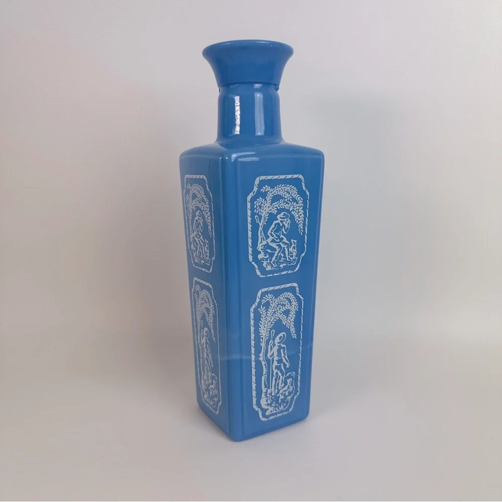 VTG Upcycled Vase 60s Jim Beam‎ Whiskey Decanter Blue and White Milk Glass Greek